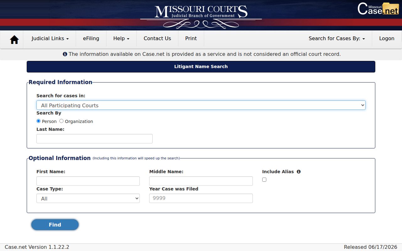 Mercer County criminal court cases litigant-name search fields in Missouri Case.net