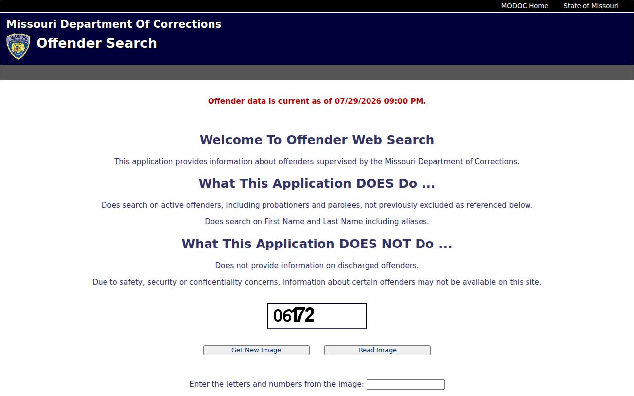 Mercer criminal history search form for Missouri DOC offender records